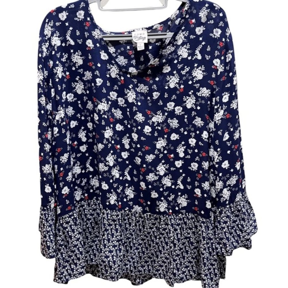 Como Vintage Navy, White, Red Floral Boho Ruffled Top Sz L